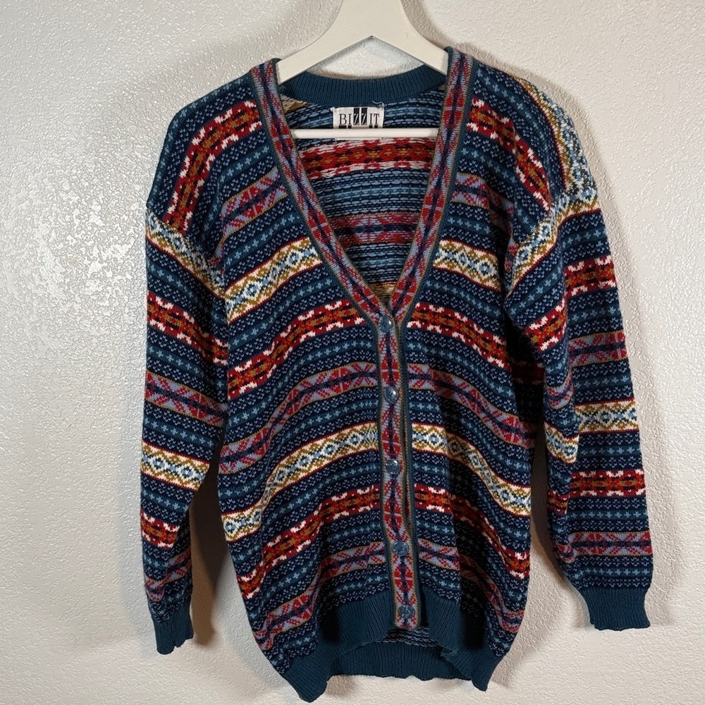 Vintage Blizzit Multi Color Fair Isle Cardigan Size Large